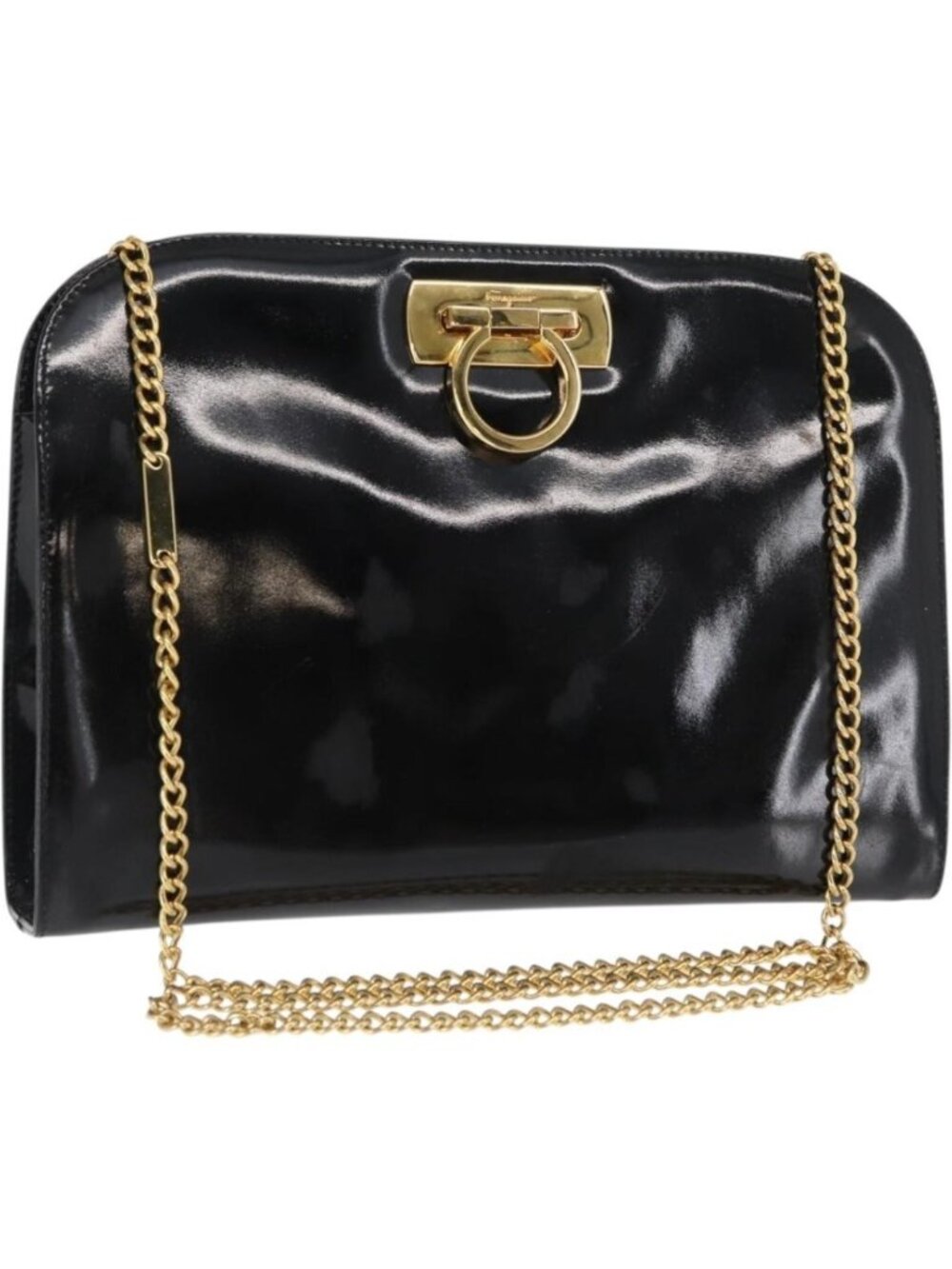 Salvatore Ferragamo Chain Gancini Shoulder Bag Enamel Black Gold